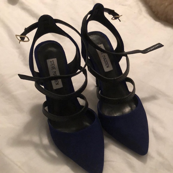 Blue suede and black leather strappy pumps - Picture 1 of 3
